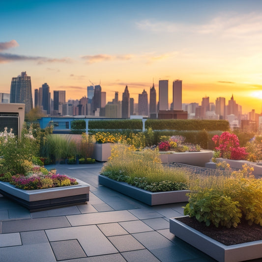 A serene rooftop garden with lush greenery, colorful flowers, and a subtle mist of water droplets, surrounded by sleek, modern irrigation controllers and sensors amidst a cityscape backdrop at sunset.