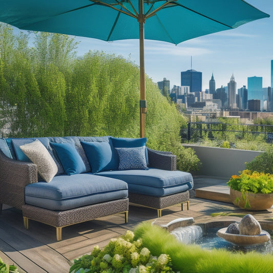 A serene rooftop oasis: lush greenery, vibrant flowers, and a tranquil water feature amidst sleek cityscape views, with a plush outdoor sofa and hammock under a sunny blue sky.