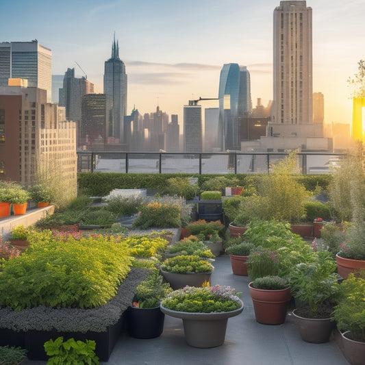 A thriving rooftop garden with lush greenery, vibrant vegetables, and colorful flowers, surrounded by a bustling cityscape with skyscrapers and busy streets in the background.