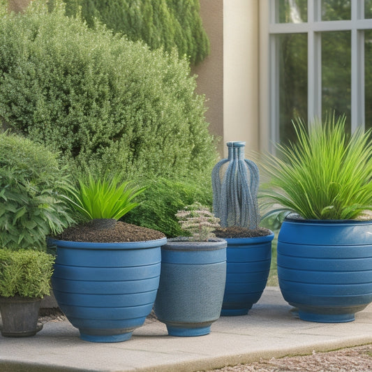 A serene outdoor setting with three identical planters, each featuring a different irrigation system: one with a soaker hose, one with a drip irrigation system, and one with a self-watering system.