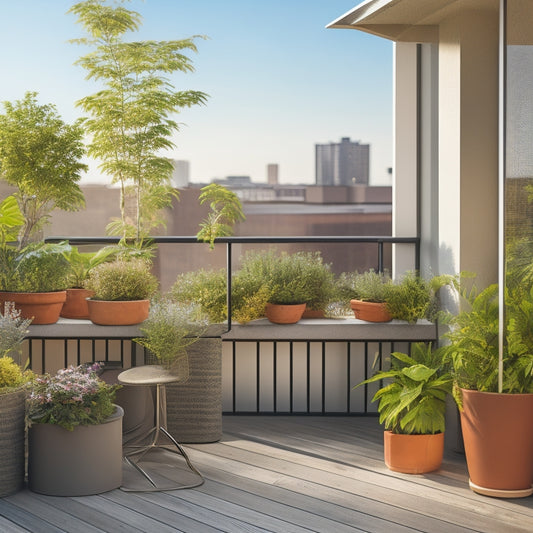 A serene, sun-drenched rooftop scene featuring a compact, tiered planter overflowing with lush greenery, surrounded by sleek, space-saving furniture and a chic, minimalist railing.