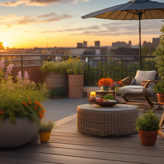 A serene rooftop garden scene at sunset, with lush greenery, colorful flowers, and a few comfortable outdoor chairs, featuring a wireless controller casually placed on a small wooden side table.