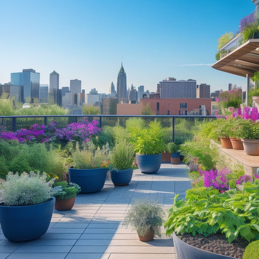 A lush rooftop garden with vibrant greenery, overflowing planters, and a trellis supporting a cascade of colorful flowers, surrounded by modern cityscape views and a sunny blue sky.