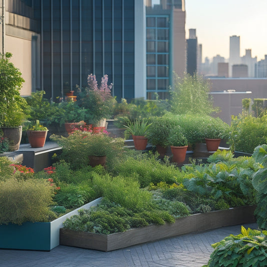A serene rooftop garden with lush greenery, vibrant fruits, and colorful flowers, featuring a sleek and modern irrigation system with thin tubes, misting nozzles, and a compact control panel.