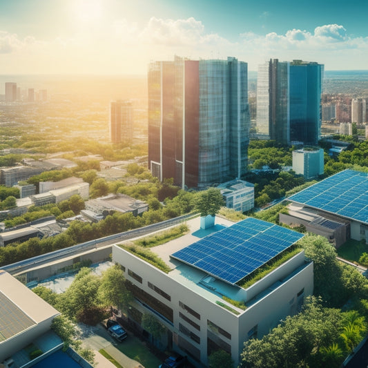 An aerial view of a cityscape with several buildings featuring lush green roofs, covered in a mix of verdant vegetation and solar panels, surrounded by a bright blue sky with fluffy white clouds.