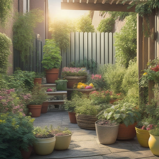 A vibrant, sun-drenched illustration of a small, bustling urban yard, showcasing a thriving vegetable garden amidst cleverly repurposed planters, trellises, and vertical growing solutions.