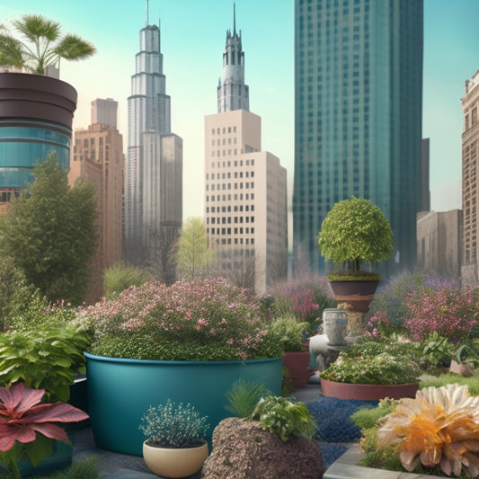 An illustration of a whimsical urban garden in a windy city, with plants and trees bent sideways, pots and planters overturned, and garden ornaments scattered, amidst a backdrop of towering skyscrapers.