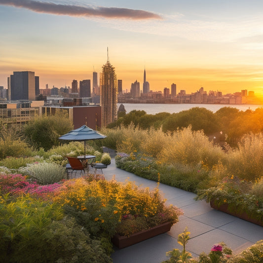 A serene urban rooftop garden at sunset, overflowing with lush greenery, vibrant flowers, and a variety of wildlife, including bees, butterflies, and birds, amidst a backdrop of city skyscrapers.