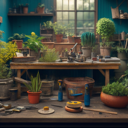A cluttered workbench with a variety of DIY tools, including a drill, screwdriver, hammer, and pliers, surrounded by wooden planter boxes, pots, soil, and an assortment of plants.