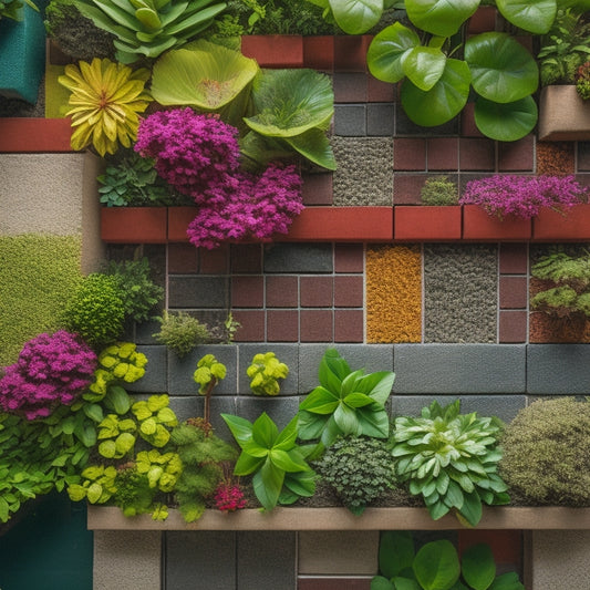 A colorful, overhead shot of a lush, thriving vertical garden built using repurposed concrete block planters, with varying sizes and shapes, against a rustic, earth-toned background.