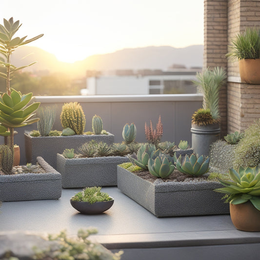 A serene rooftop scene with a lush arrangement of succulents in rectangular planters, surrounded by a subtle irrigation system, with droplets of water glistening on leaves and a soft, sunny glow.