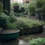 An image of a neglected urban garden with waterlogged planters, wilting plants, and moss-covered surfaces, contrasted with a thriving garden featuring planters with visible drainage holes and healthy, vibrant greenery.