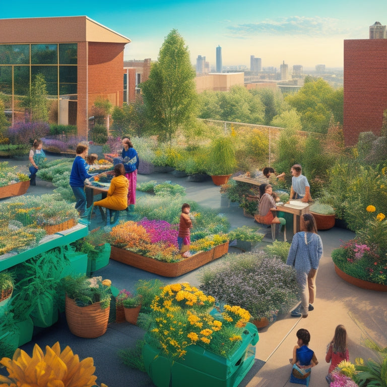 An illustration of a vibrant rooftop garden filled with diverse plants, butterflies, and bees, with students of various ages engaged in hands-on learning activities, surrounded by tables, globes, and scientific equipment.