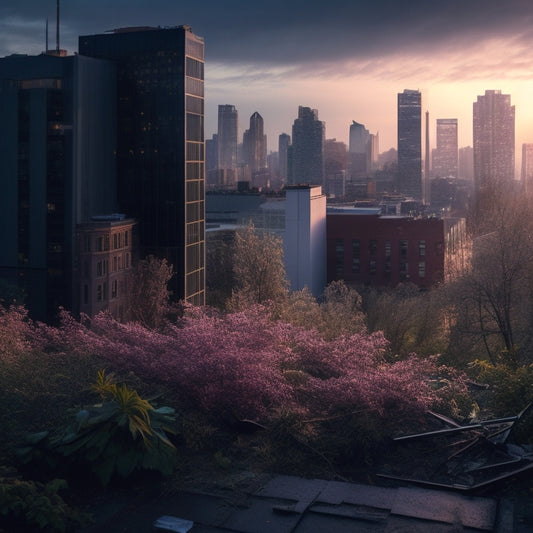 A dramatic cityscape at dusk, with strong gusts of wind blowing over a once-manicured urban garden, uprooting trees, scattering debris, and tangling broken flower stems amidst shattered planters.