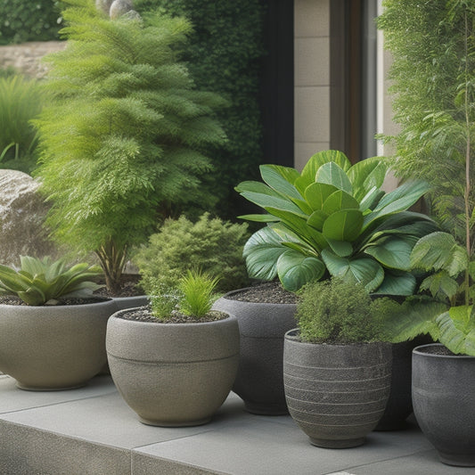 A serene outdoor oasis featuring a large, weathered concrete planter overflowing with lush greenery, surrounded by smaller planters in varying shapes and sizes, amidst a natural stone patio.