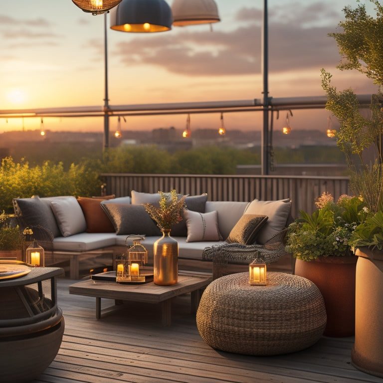 A serene rooftop deck with lush greenery spilling from rustic wooden planters, surrounded by chic outdoor furniture and a few strategically placed lanterns, under a warm sunset sky with a few wispy clouds.