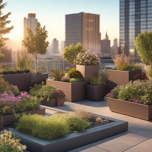 An illustration of a sleek, modern rooftop garden with various planters in different shapes, sizes, and materials, surrounded by lush greenery and vibrant flowers, with a subtle cityscape in the background.