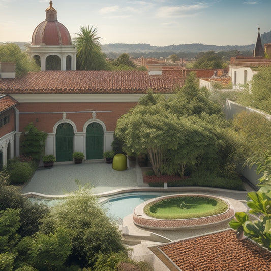 A serene, verdant rooftop garden with curved, solar-powered tiles, surrounded by lush greenery and a backdrop of historic, restored buildings with ornate facades and steeply pitched roofs.