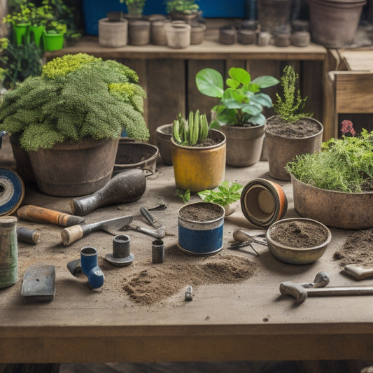 A cluttered workshop table with a DIY planter project in progress, surrounded by various tools like a drill, hammer, tape measure, level, and gardening gloves, amidst scattered soil and plant pots.