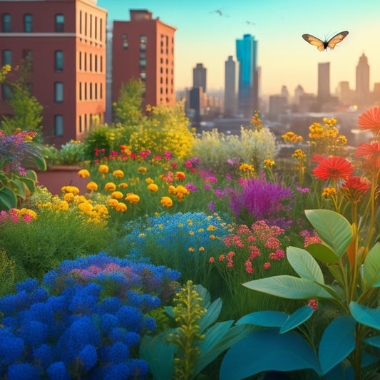An illustration of a lush rooftop garden with vibrant greenery, colorful flowers, and a few pesky insects like bees, butterflies, and aphids amidst the plants, with a faint cityscape in the background.