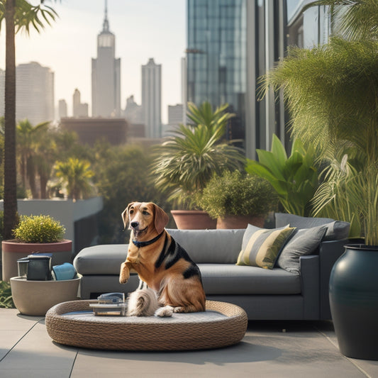 A serene rooftop garden with lush greenery, a dog lounging on a plush outdoor sofa, and a cat peeking from behind a potted palm tree, surrounded by modern outdoor furniture and urban skyline views.