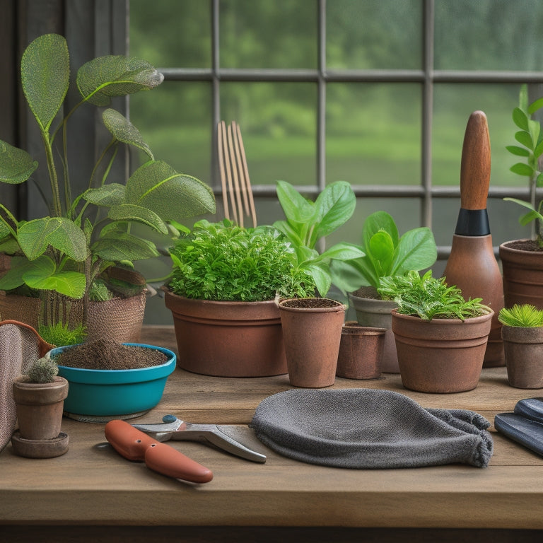 A curated arrangement of gardening tools and materials on a wooden workbench, including a terracotta pot, pruning shears, gloves, soil, and a small potted plant with lush green leaves.