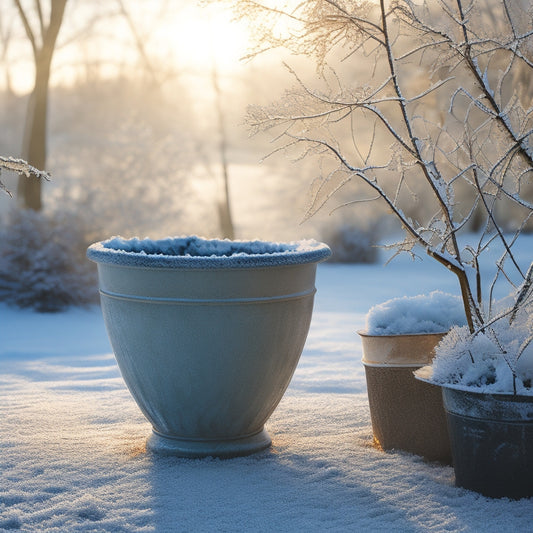 A serene winter scene with empty, drained planters covered in a layer of frost, surrounded by frozen leaves and twigs, with a subtle hint of morning sunlight peeking through bare tree branches.