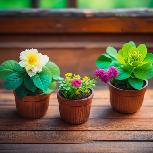 A stylized, overhead shot of three identical flowers in planters of varying sizes (small, medium, large) on a rustic wooden table, surrounded by lush greenery and soft, warm light.