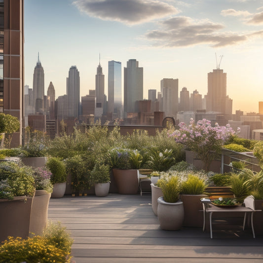 A serene rooftop garden scene with lush greenery, vibrant flowers, and a small wooden bench, set against a backdrop of city skyscrapers, with a warm sunny glow and a few fluffy white clouds.