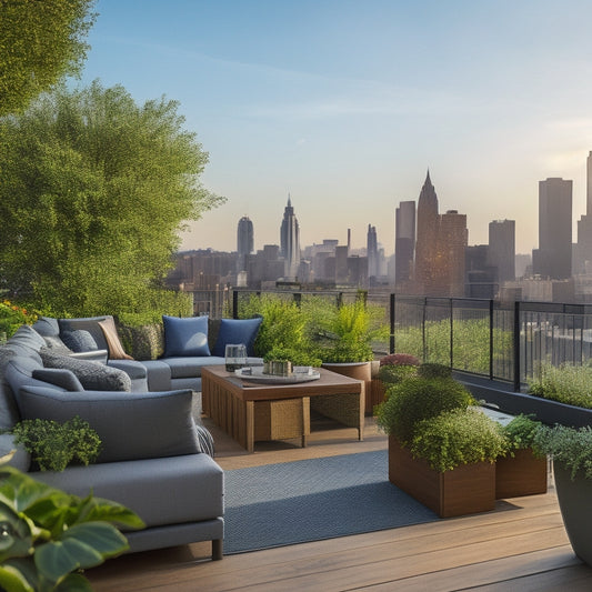 A serene rooftop scene with lush greenery overflowing from sleek, modern balcony railing planters, surrounded by comfortable outdoor furniture and a stunning cityscape in the background.