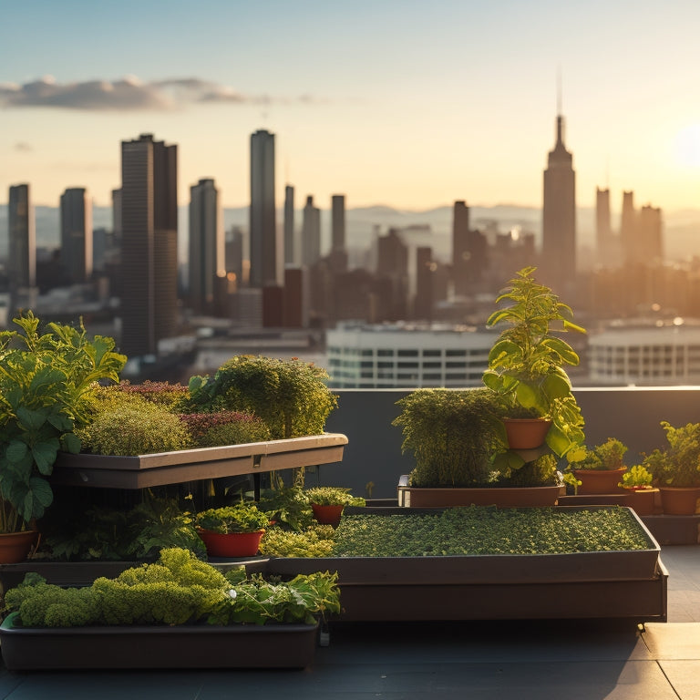 A serene urban rooftop scene with a lush, thriving vertical hydroponic farm, featuring a mix of leafy greens, vibrant flowers, and ripening fruits, surrounded by modern cityscape in the background.