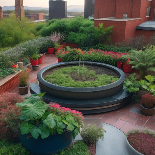 A serene rooftop garden with lush greenery and vibrant flowers, surrounded by a sleek rainwater harvesting system, featuring a large tank, pipes, and a trickle irrigation setup.