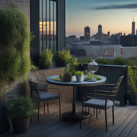 A serene rooftop oasis with a petite table, two mismatched chairs, and a lush greenery wall, surrounded by a sleek metal railing and a cityscape view at dusk.