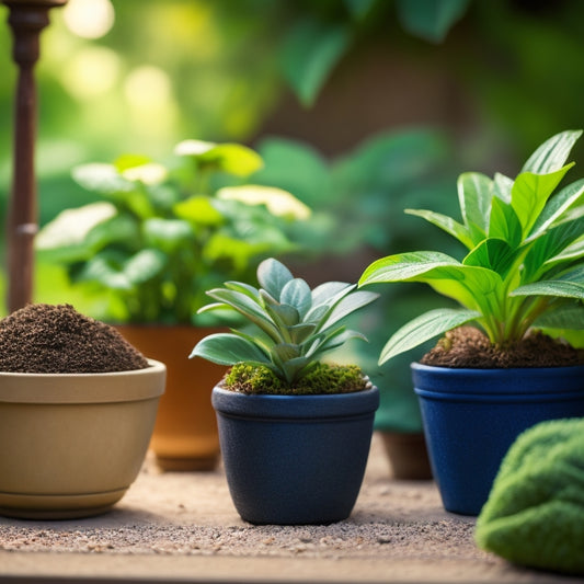 A serene garden scene with three identical plants in differently sized planters, set against a blurred green backdrop, with a subtle grid pattern in the soil to hint at measurement.