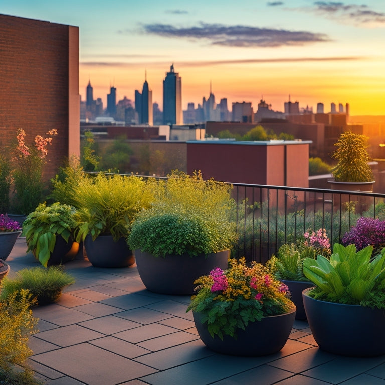 A serene rooftop oasis at dusk, with five large, weathered-steel planters of varying sizes, overflowing with lush greenery and vibrant flowers, against a warm, golden-lit cityscape backdrop.