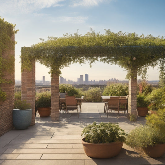 A serene rooftop garden with a sturdy, wooden trellis system featuring intertwined vines, lush greenery, and vibrant flowers, set against a clear blue sky with a few wispy clouds.