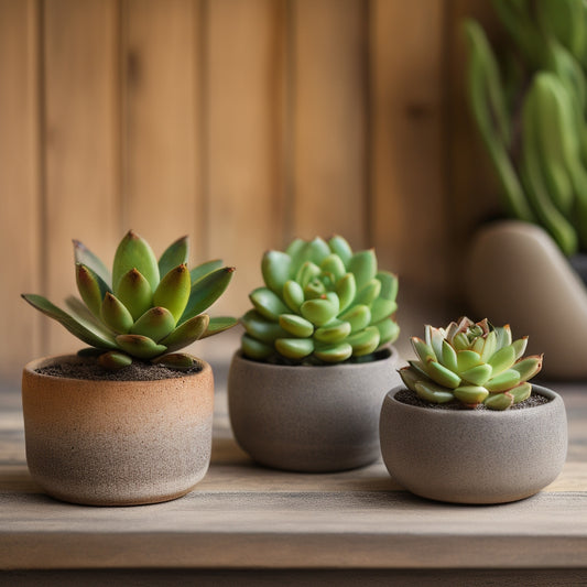 A serene, minimalist arrangement of three to five ceramic planters in earthy tones, surrounded by lush, varied succulents, on a reclaimed wood table against a blurred, natural background.