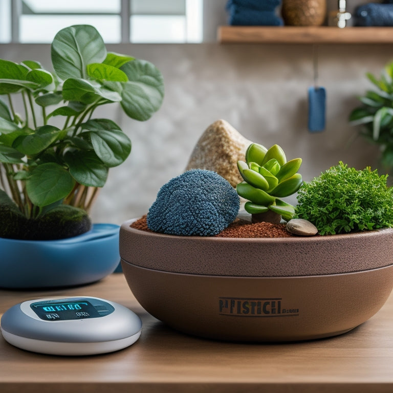 A photograph of a small to medium-sized ceramic planter on a bathroom counter, next to a digital kitchen scale displaying a weight in pounds, surrounded by lush green plants and decorative pebbles.