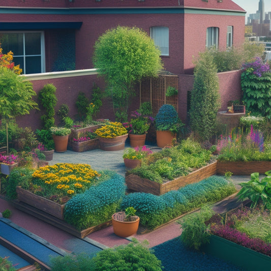 An illustration of a lush, thriving rooftop garden with vibrant green vegetables and colorful flowers, surrounded by beehives, compost bins, and a trellis with climbing plants.