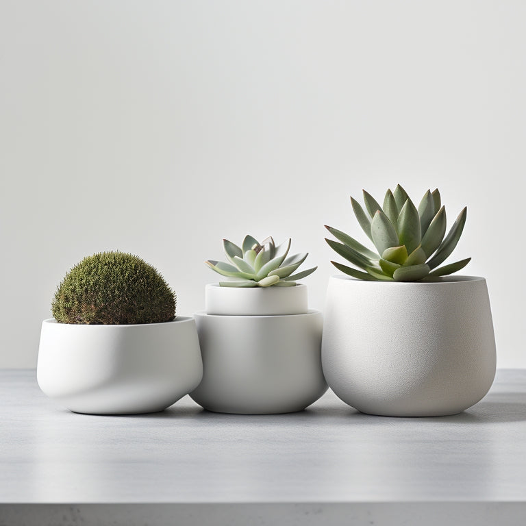 A serene, minimalist arrangement featuring three concrete planters in varying sizes, each overflowing with lush, vibrant succulents, set against a clean, white background with subtle natural light.