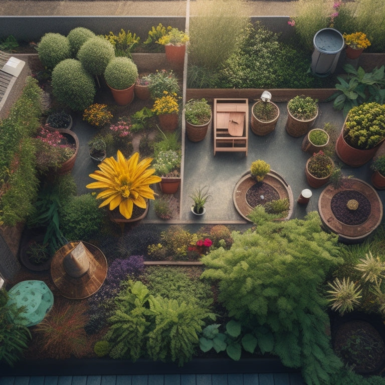 An overhead illustration of a lush rooftop garden with a DIY irrigation system, featuring a network of pipes, valves, and sensors, amidst vibrant greenery and colorful flowers.