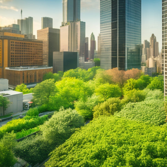 An aerial view of a cityscape with lush green rooftops, vibrant flowers, and verdant trees, contrasted with grey concrete buildings, showcasing a harmonious blend of nature and urban architecture.
