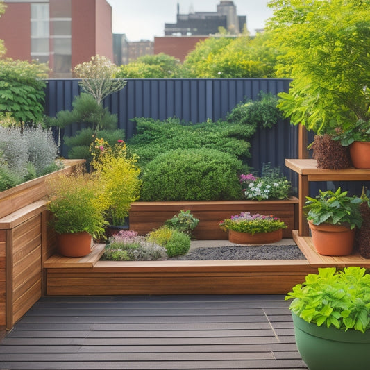 A serene rooftop container garden with lush greenery, vibrant flowers, and a mix of rectangular, round, and hexagonal planters in varying sizes, arranged artfully around a wooden pergola.