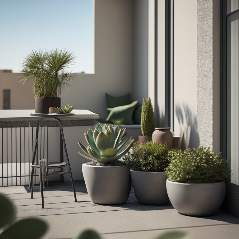 A minimalist balcony with a small, sleek concrete planter in the corner, containing a lush green succulent, surrounded by a few modern outdoor chairs and a tiny side table.