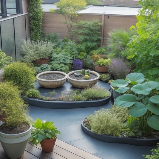 A serene rooftop garden with lush greenery, vibrant flowers, and a small pond, surrounded by a mixture of modern and rustic planters, with a few wilting plants and dry leaves scattered around, hinting at neglect.