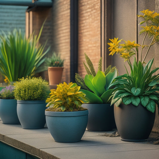 A serene urban oasis featuring a mix of lush greenery, vibrant flowers, and sleek concrete planters in various shapes and sizes, set against a contrasting backdrop of industrial cityscape.