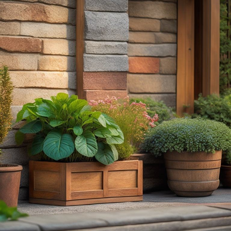 A serene outdoor setting with a series of wooden block planters in various sizes, overflowing with lush greenery and vibrant flowers, against a warm-toned stone wall backdrop.