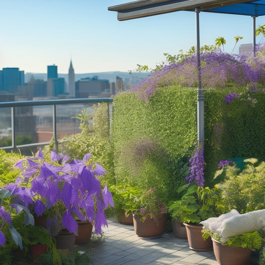 A lush rooftop garden scene with a trellis supporting a sprawling, vibrant purple clematis, surrounded by potted herbs, and a distant cityscape view with a sunny blue sky.