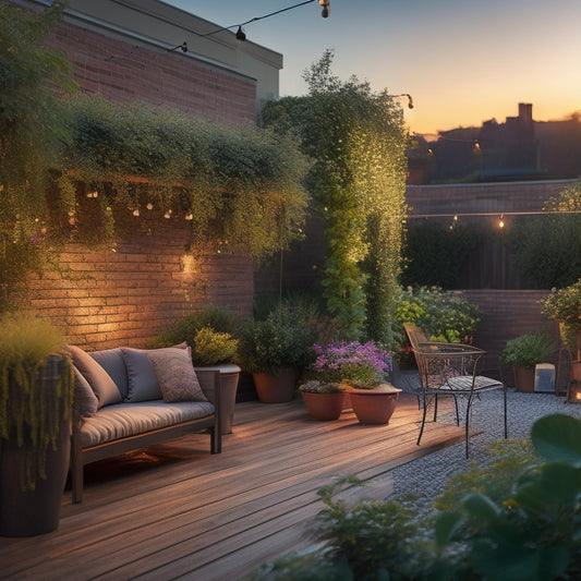 A serene rooftop garden scene at dusk, with lush greenery and vibrant flowers cascading down a wooden trellis, surrounded by modern outdoor furniture and soft, warm string lights.