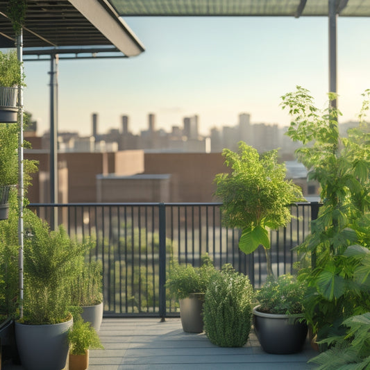 A serene, modern rooftop scene with lush greenery, sleek hydroponic tubes, and a trellis system supporting vibrant, thriving plants, all surrounded by a chic, industrial-chic metal railing.